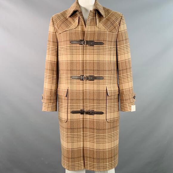 ELEVENTY Size 42 Tan Brown Glenplaid Wool Cashmere Leather Trim Toggle Coat - Picture 1 of 12
